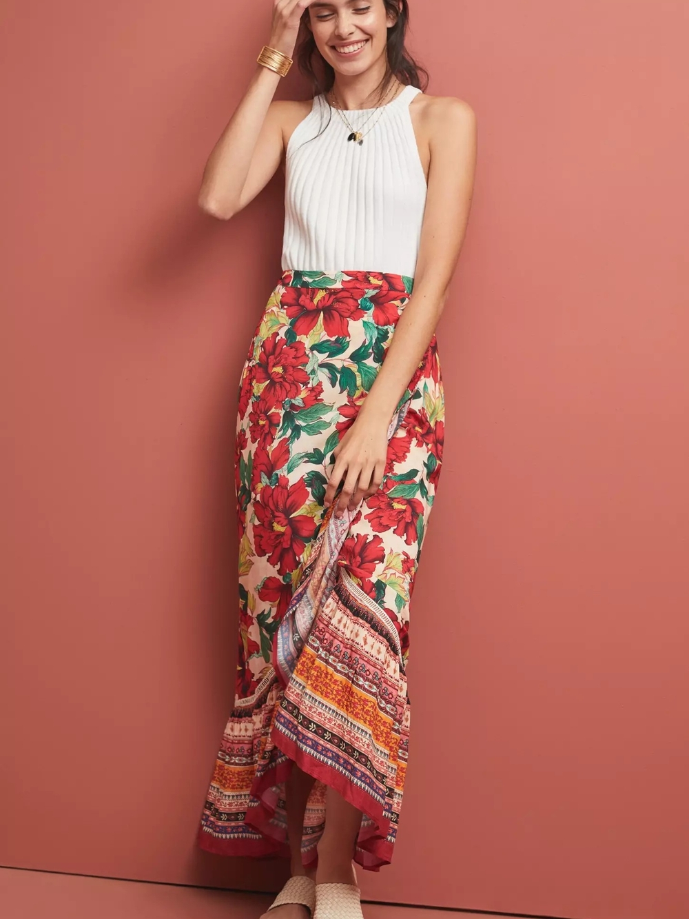 Farm Rio Floral Red Maxi Wrap Skirt with Border Print XS NWT